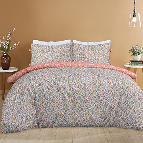 Sleepdown Parure de lit avec Housse de Couette et taies d'oreiller à Nouer - Motif Floral Orange et Blanc - Facile d'entretien - Polycoton - King Size (230 x 220 cm)
