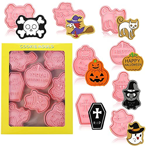 Lot de 8 emporte-pièces pour Halloween, citrouille, chauve-souris, fantôme, tête de mort, chat, toile d'araignée, bonbon, chapeau de sorcière, emporte-pièces à biscuits pour pâtisserie avec enfants,