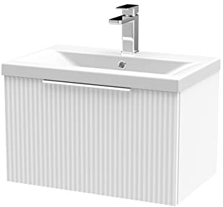 Hudson Reed DFF194A Fluted Modern Bathroom Wall Hung 1 Drawer Vanity Basin Unit with Mid-Edge Ceramic Basin, 600mm, Satin White