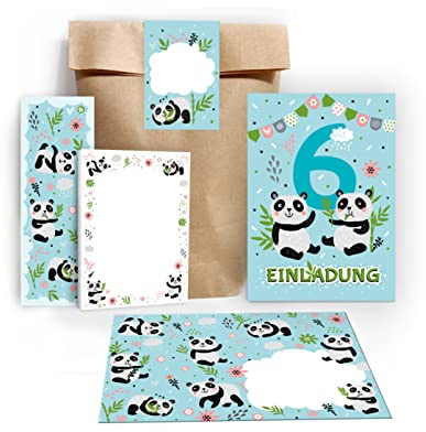 12 Einladungskarten zum 6. Kindergeburtstag sechste Geburtstag Mädchen Jungen Panda incl. 12 Umschläge, 12 Tüten/natur, 12 Aufkleber, 12 Lesezeichen, 12 Blöcke