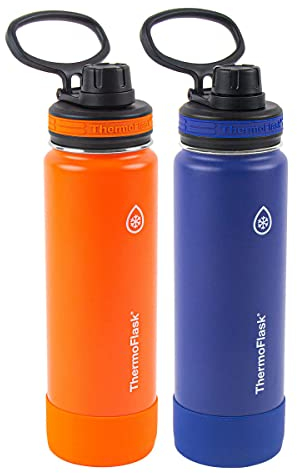 Thermoflask Lot de 2 bouteilles d'eau isothermes en acier inoxydable, 710 ml, orange écrasé/bord bleu marine