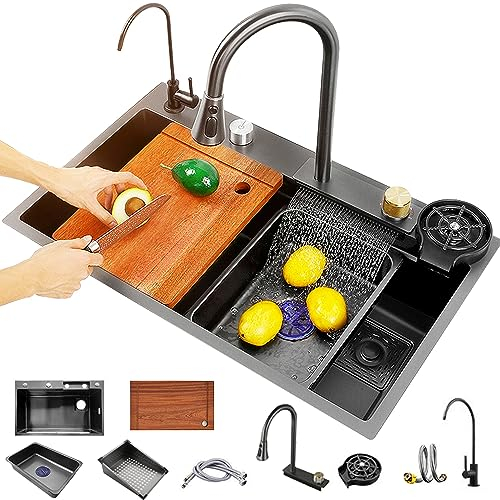 Julymoda Lavello da Cucina 75 x 46 cm in Acciaio Inox Rivestimento Nano Singola Vasca con Rubinetto Tagliere in Legno Set di Drenaggio per Casa(Nero)