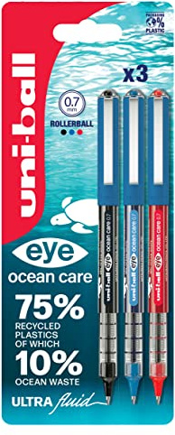 uni-ball Eye Ocean Care Rollerball Pens, 0.7 mm, Black, Blue, Red (3-Pack) | Smooth, Consistent Writing, Fade & Water Resistant Super Ink, Comfortable Grip, Ideal for School & Office Use