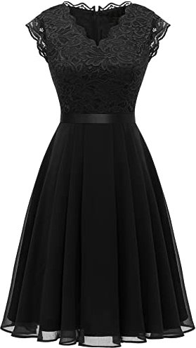 Dressystar Women's Black Knee-Length Floral Lace & Chiffon A-Line V-Neck Cocktail Dress, M