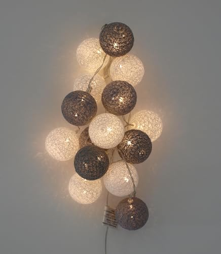 LED Textilkugel Lichterkette mit 15 LED, Batteriebetrieb, Farbe grau/weiss, für innen, Batteriebetrieb