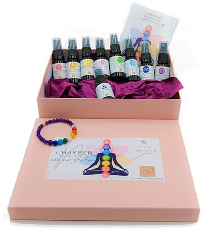 Thats me organic Chakrenbox mit 9 Sprays & Chakra Edelsteinarmband – Energetische Reinigung – Handmade Aura, Raum, Meditation & Yoga Spray in schöner Geschenkbox – Für Auraschutz & Balance