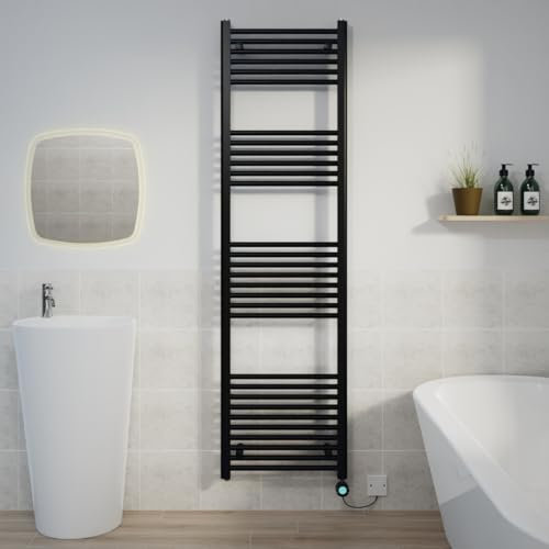 Warmehaus Black Electric Heated Towel Rail Straight Thermostatic Bathroom Towel Radiator with Timer - 1800x500mm 800W