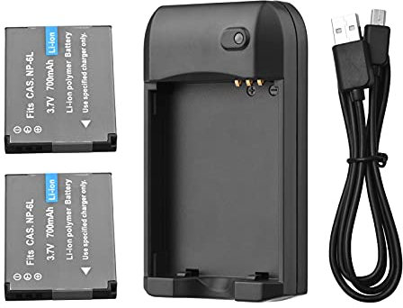 EKSED NP-6L Battery Charger with LED Indicator Light + 2pcs NP-6L Batteries 3.7V 700mAh with USB Charging Cable