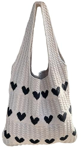 Strick-Einkaufstasche mit Liebes-Herz-Muster, Niedliche Häkel-Umhängetasche, Große Lässige Häkeltasche für Mädchen