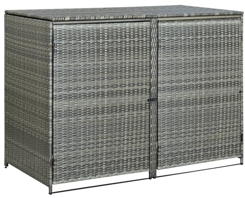 Homgoday Double Wheelie Bin Shed, Durable Metal Wheelie Bin Storage Shed Hideaway, Rattan Effect Dustbin Sheds, Outdoor Patio Garden Container Cover Lockable Poly Rattan Anthracite 148x77x111 cm