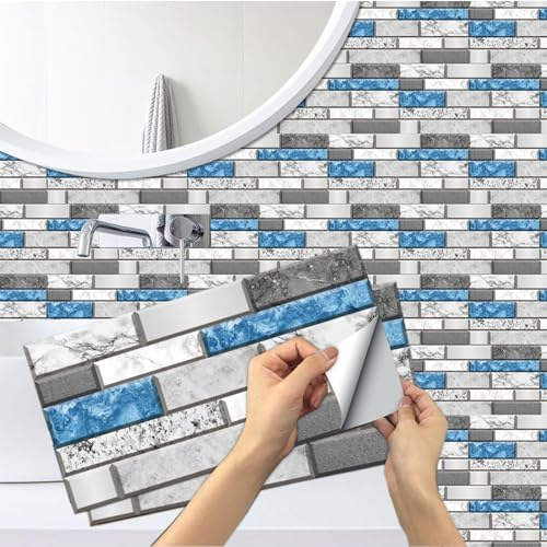 18 Stück Küchen Fliesenaufkleber, BYLife Selbstklebende Fliesendekor 15x30cm PVC Fliesensticker Fliesen Badezimmer Aufkleber Backstein zum Esszimmer Bad Fliesenfolie Deko