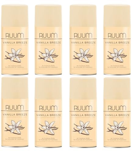RUUM Lufterfrischer Nachfüller 8er Pack Vanilla Breeze - Duft Nachfüller kompatibel mit Air Wick Freshmatic, Glade Brise - 8x 250 ml Duftspray für Geruchsneutralisierung & Frische