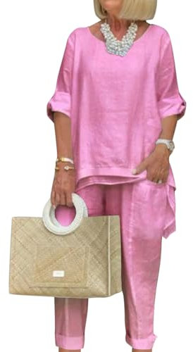 shownicer Tuta Donna Completa Curvy Tuta Elegante Estiva Leggera Due Pezzi Manica Lunga Tops + Pantaloni Lino Set Larghi Taglie Forti Completo Tuta Streetwear F Rosa L