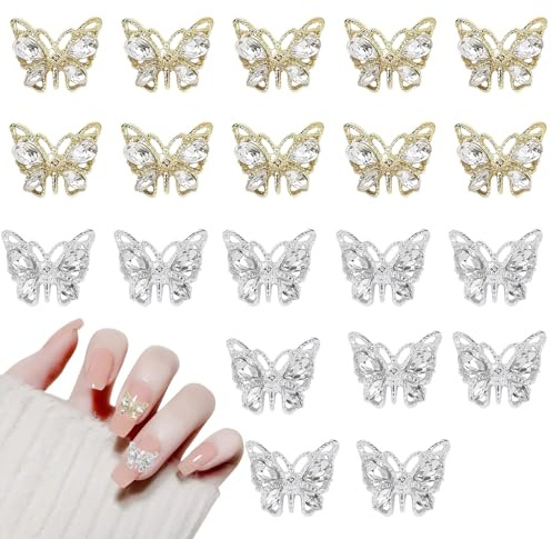 OTKARXUS 3D Butterfly Nail Charms,20PCS Gold Silver Rhinestone Butterfly Nail Art Charms,Alloy Metal Butterfly Nail Gems Shiny Nail Accessories for Women Girls DIY Manicure Design (Gold Silver C)