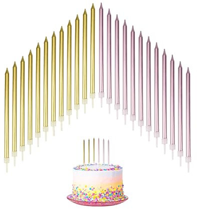 24 Gold & Rose Gold Birthday Candles - 13.5CM Long Cake Sparklers with Holders for Baby, Wedding & Party Decoration