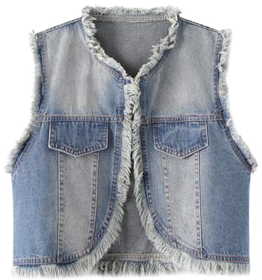 Damen-Jeansweste, Verkürzte Ärmellose Weste, Jacken – Kurze Jeansweste Mit Quaste Und Offenem Rand, Lässiges Damen-Jeansmantel-Tanktop, Blau, M
