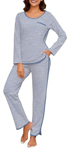 Namatime Schlafanzug Damen Lang Pyjama Set Winter Baumwolle Langarm Rundausschnitt Zweiteiliger Schwangere Loungewear Blau+Weiß XL