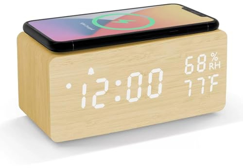 Lancoon Digitaler Wecker aus Holz mit Tonsteuerung LED Kabelloses Aufladen Temperatur und Luftfeuchtigkeit Display Einstellbare Helligkeit für Schlafzimmer Zuhause Büro (Gelb)