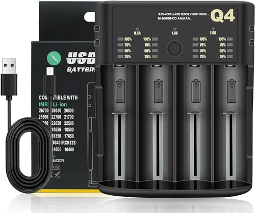 18650 Battery Charger Fast Charger 4 Slots Rechargeable Battery Charger for 3.6-4.2V Li-ion Battery: 10440 16340 18650 18700 20700 21700 22650, 1.2-2.4V Ni MH/Ni CD: AAAA,AAA,AA,A,SC,C