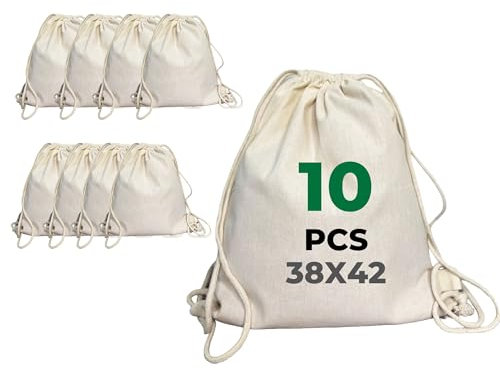 LYRVON TEXTIL 10er-Pack Premium Baumwoll Turnbeutel 38 x 42 cm | Sportbeutel | Zuziehbeutel | Gymsack | Jutebeutel | Schule Rucksack | Naturfarbe