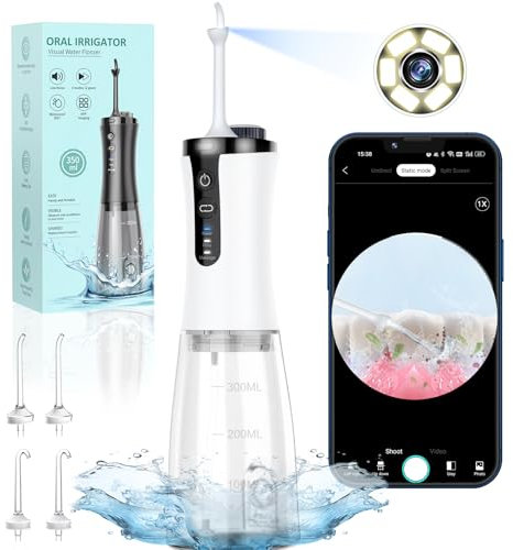 Munddusche Kabellos Tragbar Visueller Zahnzwischenraumreiniger, VITCOCO 1080P Wifi 350ML Wiederaufladbar Zahndusche, IPX7 Wasserdicht Oral Irrigator, Munddusche Testsieger mit 5 Jet-Tipps, Weiß