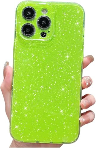 Finyosee Compatible with iPhone 12 Pro Max Case 6.7 inch, Cute Neon Bright Color,Glitter Bling Thin Slim Shockproof Silicone Sparkly Case, Soft TPU Phone Case for Women Girl-Neon Green