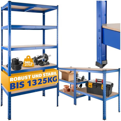 tectake® Lagerregal, Schwerlastregal, Metallregal zu Werkbank Arbeitstisch umbaubar, Möbel für Werkstatteinrichtung, als Regal Keller, Abstellraum Ordnungssystem - Belastbarkeit 1325 kg