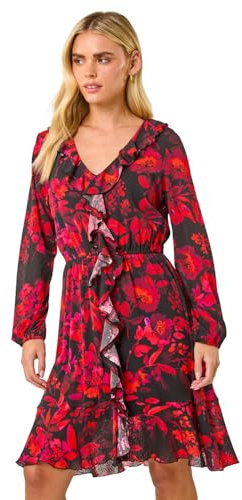 Roman Petite Floral Frill Detail Dress for Women UK - Ladies Everyday Autumn Winter V-Neckline Comfy Soft Evening Vacation Work Party Night Out - Petite Red - Size 10