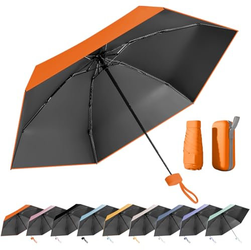 MPXEAVG Kompakter Regenschirm, Mini Schirm, Schirm UV Schutz, Regenschirm Damen Klein, Ultraleicht, Sonnenschirm Tragbar, Regenschirmbox(orange Farbe)