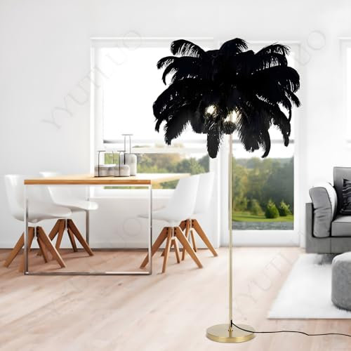 YYUTLUO Moderne Federlampe, Stehlampe Aus Natürlichen Straußenfedern, 160cm Hoch, Goldene Stange Und Sockel, Stehlampe, 3 Farbtemperaturen, G4 Led Lampen Wohnzimmer Kinderzimmer Schlafzimmer (Schwarz)