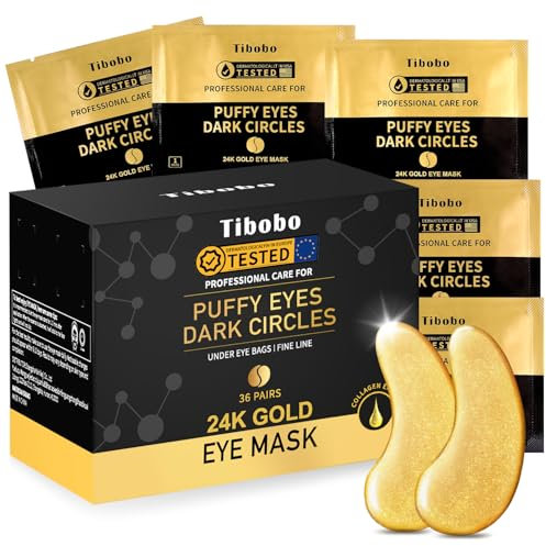 Tibobo 24K Gold Augenpads, 36 Paar Gel Eye Patches, Augenpads Gegen Augenringe Mit Hyaluron & Collagen, Anti Aging Under Eye Pads Gegen Tränensäcke, Falten Und Fältchen, Augen Pads Masken