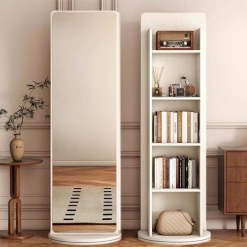 Full-Length Mirror with Storage Shelf, 2-in-1 Floor Standing Mirror and Wood Bookshelf, 360° Rotating, 5-tier Storage Space, for Bedroom, Living Room, Study Room