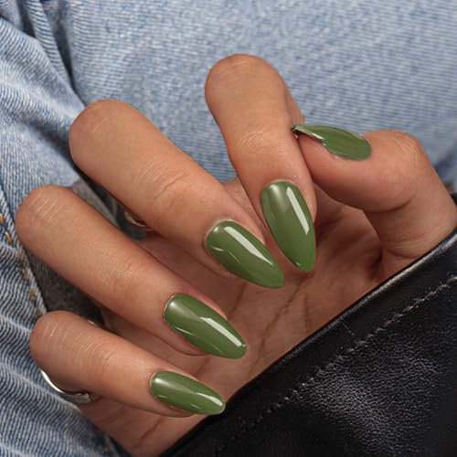 KQueenest Olive Green Press on Nails Almond Medium Length, Almond False Nails with Glue, Glossy Solid Moss Green Fake Nails Press ons Stiletto, Reusable Soft Gel Stick on Nail for Women, 24 Pcs