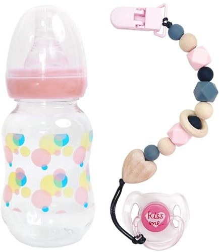 Lawnrden Babypuppenflaschen mit Schnuller, niedliche sichere Spielzeugbabyflaschen für Puppen mit Schnuller und Kettenspaß -Simulation Puppenzubehör für Kindergeschenk, Puppen -Fütterungsset