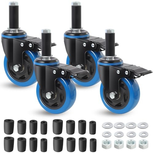BAOLIHUI 100mm Schwerlastrollen Set mit Bremse Blau 4 Zoll, 500KG Tragkraft, Passend für 23mm/28mm/34mm/40mm Rohrbeine, Ausziehbare Möbelrollen Industrie Rollen für Edelstahl Arbeitstisch