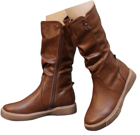 Xbemkste Stivali da donna a mezza gamba, piatti con chiusura lampo, punta rotonda arricciata, in pelle, con imbottitura termica, comodi stivali da donna