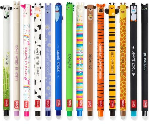 LEGAMI - Set of 14 Erasable Gel Pens with Thermosensitive Erase Ink, Range of ink colours & barrel designs, 0.7mm Tip, Animal Designs, Panda, Bunny, Unicorn etc