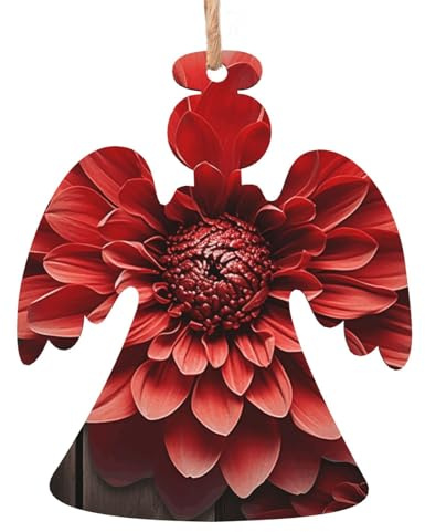 Christmas Wooden Angel Shape Ornaments 6 PCS, Flower Red Dahlia Christmas Tree Hanging Ornaments Rustic Xmas Wishes Tags Hanging Craft Label for Home Decoration