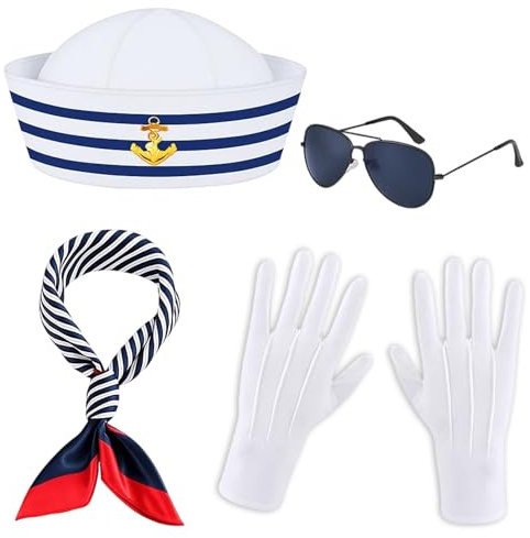 4 Stück Set Matrosenmütze, Matrosen Kostüm Damen, Kapitänsmütze, Sailor Hat für Hut, Handschuhe, Brille, Krawatte, Kostümzubehör für Karneval Verkleidung Party Cosplay, Make-up-Party, Maskenball, Gebu