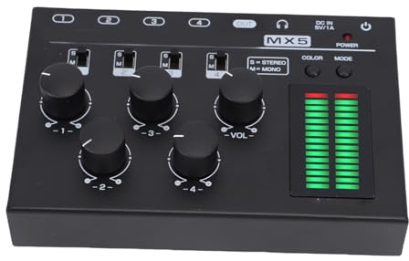 Jeffergarden 4-Kanal-Audiomixer mit LED-Pegelanzeige, Tragbares USB-Mischpult für PC-, CD-Player- und Karaoke-Benutzer