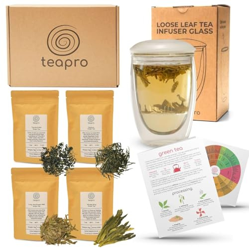Loose Leaf Green Tea Gift Set with Glass Infuser - 5 Artisan Teas from China & Japan | Gift Box for Her, Tea Lovers, Birthday & Self-Care Gifts