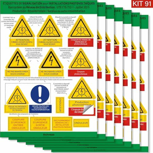 Set di 91 etichette adesive per la marcatura di impianti fotovoltaici con o senza accumulatori di batterie, legate alla rete o indipendenti dalla rete, consumo personale, secondo CONSUEL & UTE C15-712