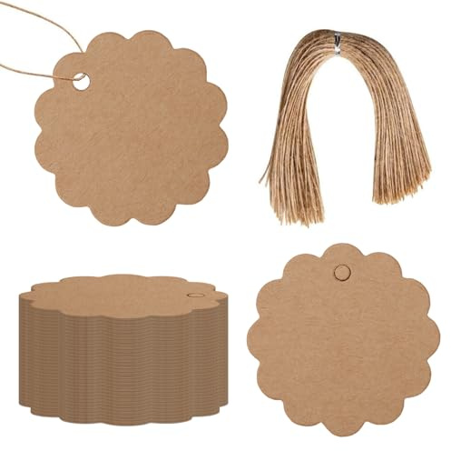Xynovate 100 Geschenkanhänger Braun Weihnachten Kraftpapier 6x6cm | Mit Juteschnur zum Beschriften, ideal für Weihnachtsgeschenke Verpackung DIY Basteln Dekoration(Blume–B）