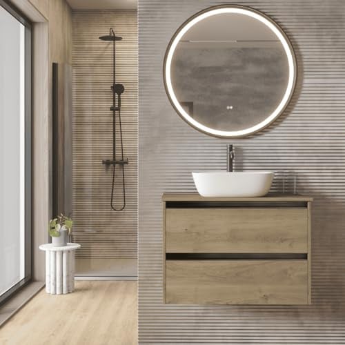 Mueble de Baño Suspendido con Lavabo Sobreponer Cerámico |Mueble Volado 2 Cajones Con Tirador | 100 cm Roble Natural Tirador Negro