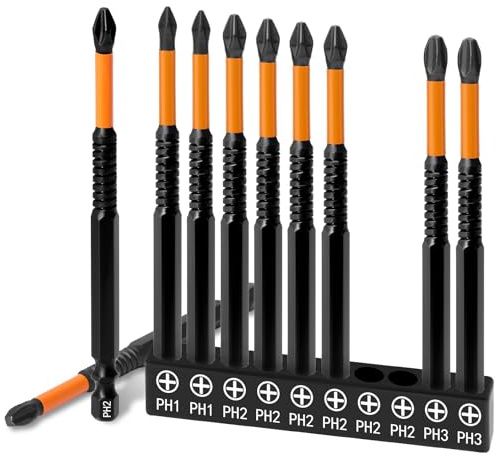 Josaton Anti Slip Screwdriver Bits Set, Magnetic Long Screw Driver Bit PH1 PH2 PH3 Impact Driver Bits Set Electric Drill Accessories（100mm, 1/4 inch Hex Shank