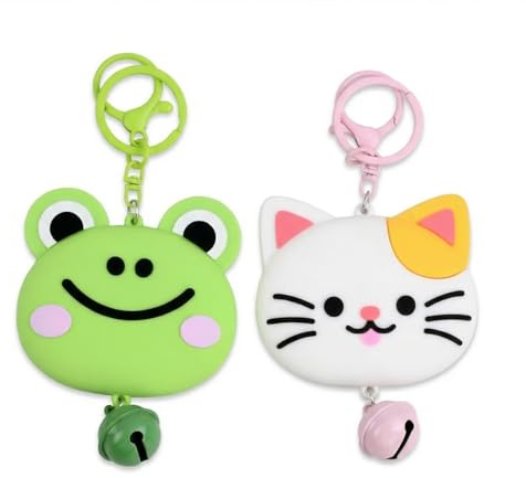 Lot de 2 Porte-clés Miroir de Poche Mignon - Motif Grenouille et Chat avec Clochette - Accessoire Sac à Main et Voiture - Idée Cadeau Original pour Femme Fille et Amoureux des Animaux