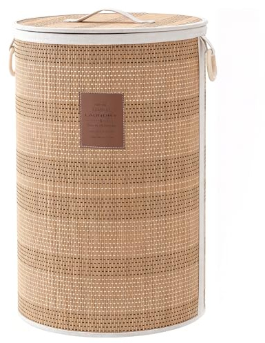 TONYBASKET Bambus Wäschekorb mit Deckel 75L Faltbarer Wäschesammler | Rund Ø 40 cm, Wäschebox aus Natürliche Baumwolle, platzsparend für Waschküche, Wohnzimmer, Schlafzimmer, Hellbraun