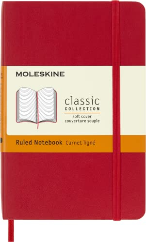 Moleskine Klassisches Notizbuch, Liniertes Notizbuch, Weicher Einband und Elastischer Verschluss, Pocket Format 9 x 14 cm, Scharlachroter Farbton, 192 Seiten