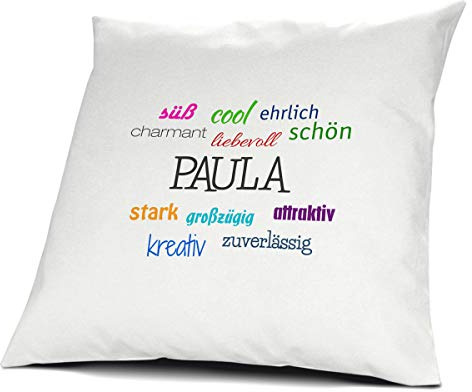 printplanet Kopfkissen mit dem Namen Paula, Kissen mit Füllung - Positive Eigenschaften, 40 cm, 100% Baumwolle, Kuschelkissen, Liebeskissen, Namenskissen, Geschenkidee