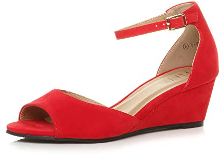 Womens Ladies Low mid Wedge Heel Ankle Strap Casual Evening Sandals Size, 6 UK, Red Suede
